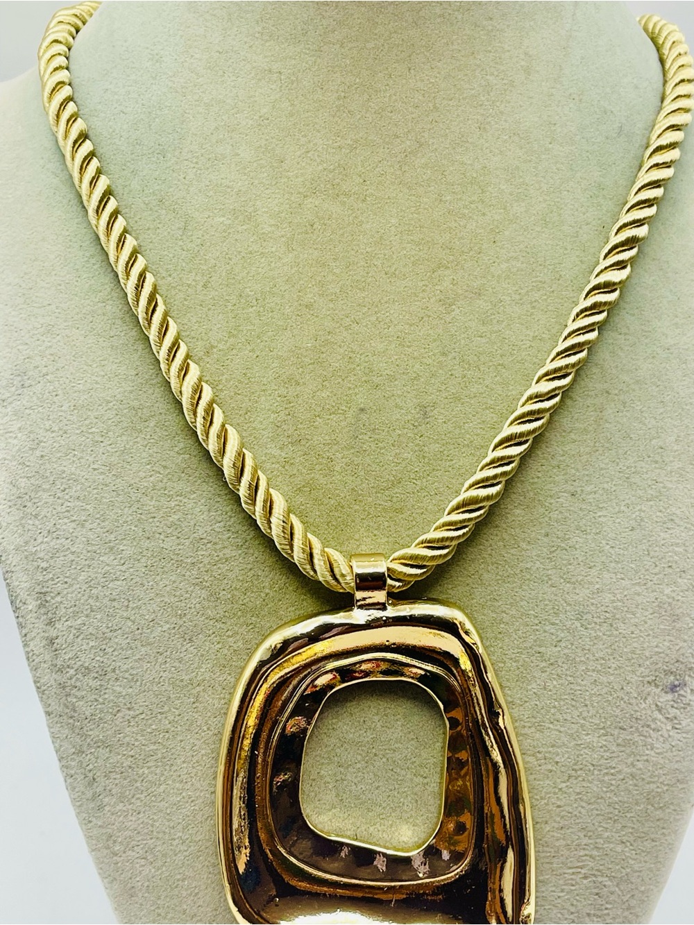 Gold-Tone Sculptural Irregular Square Pendant Necklace on Gold Rope Chain. 18 in